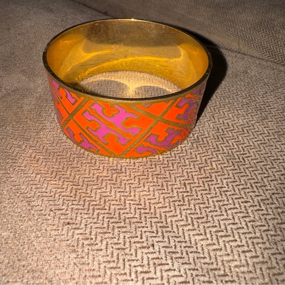 Tory Burch Gold-Tone Cuff Bracelet with Orange and Pink Enamel Pattern - Picture 3 of 4